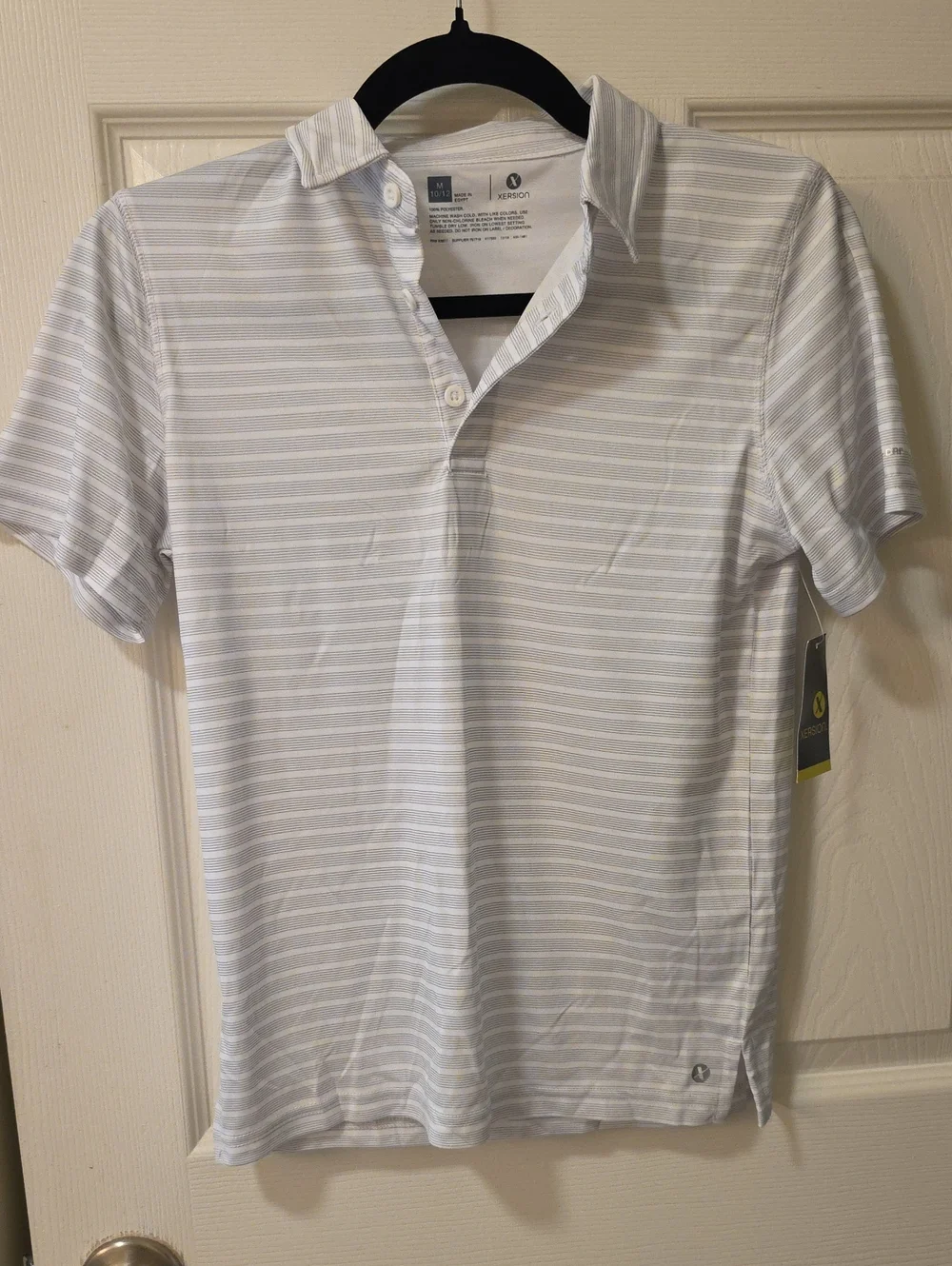 Xersion White and Light Gray Striped Short-Sleeve Polo